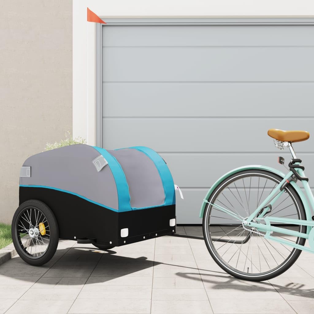 Remolque para bicicleta de hierro negro y amarillo, capacidad de carga, dimensiones x x, con bandera de seguridad, ideal para transporte, compras, excursiones y uso al aire libre
