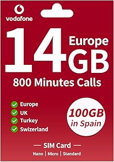 Vodafone Europe Prepaid SIM Card - 14GB + 800 Mins Calls in UK and Europe, 100GB + Unlimited Calls in Spain, Vodafone SIM Card Europe for 28 Days, Supported Hotspot for iPhone/Android Mobile Device