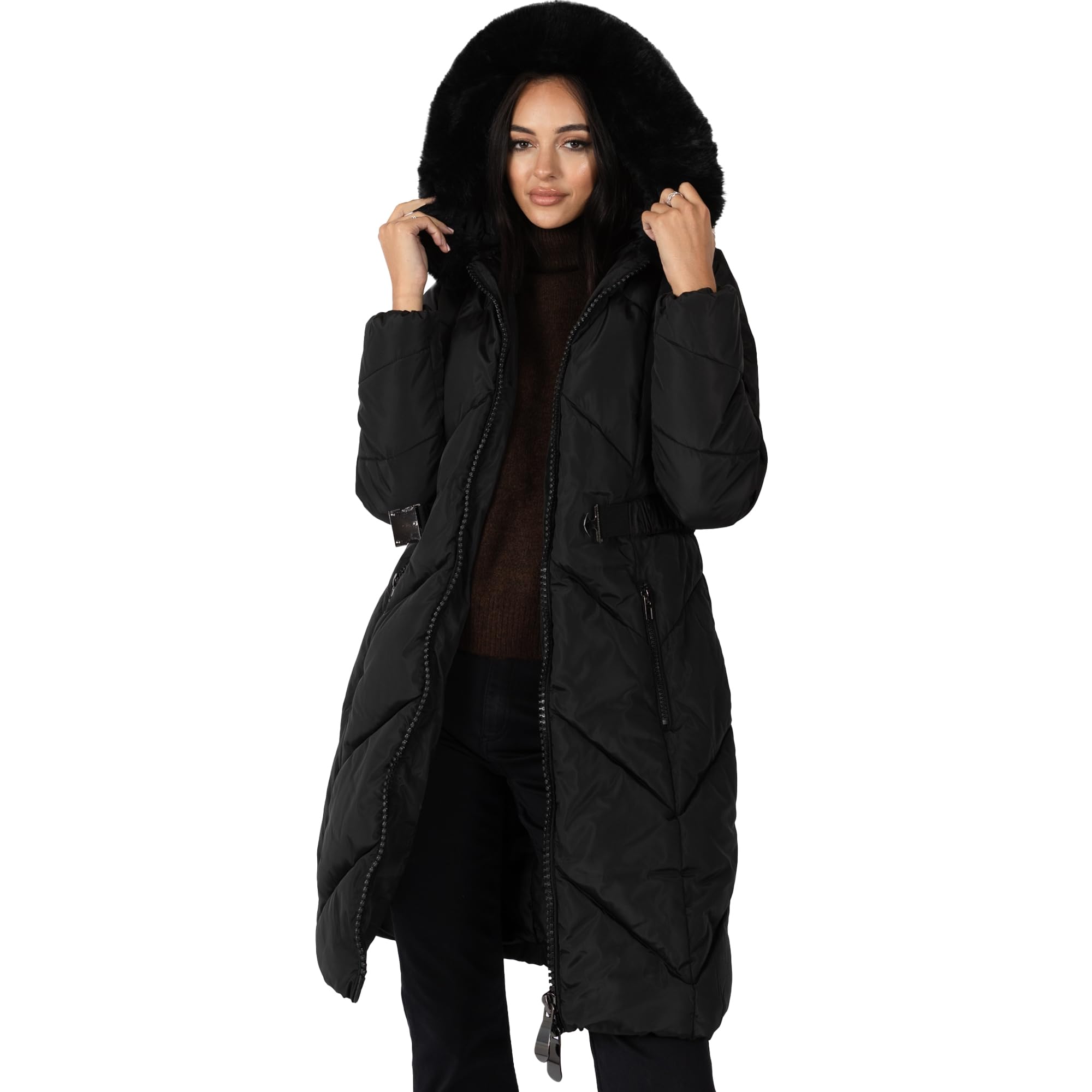 Lovedrobe Dames Winterjas Dames Jas Puffer Verwijderbare Faux Bont Capuchon Zakken Gewatteerde Gewatteerde Longline Puffa Bovenkleding, Nerts, 46