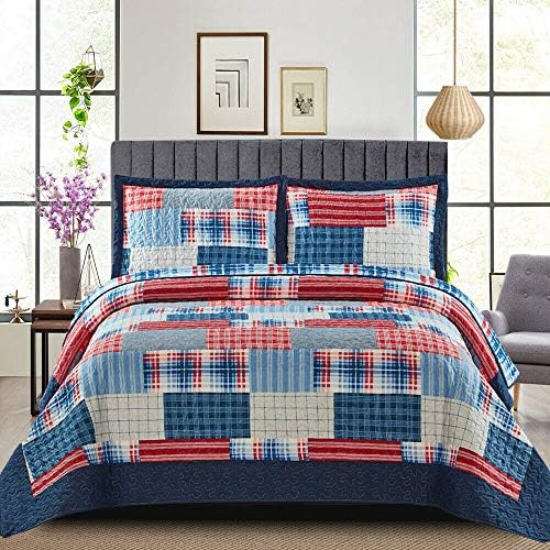 Patchwork Quilt Bedspread Super King Size Bed - 3 Pcs Box Pattern Thick Cotton Filling Bed Warmer Large Blanket Bed Spread With Quilt Fabric 2 Pillowcase - Denim Blue
