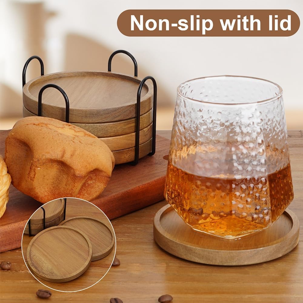 RIHLA Acacia Wood Coasters with Lip, Set of 5 with Holder - Elegant and Functional Wooden Drink Coasters for Home Coffee Table & Office - Image 3