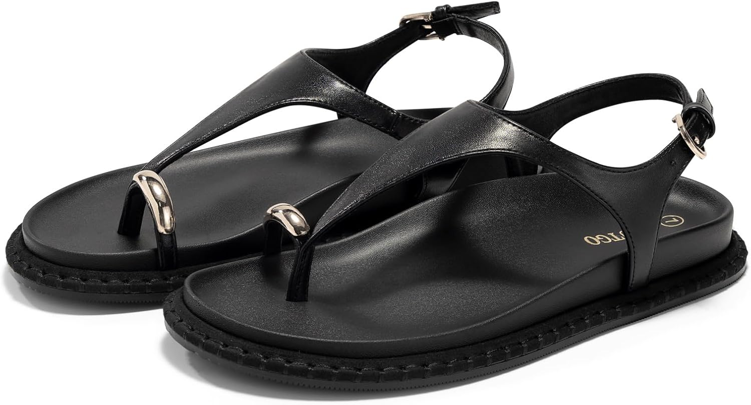 Coutgo Womens Toe Ring Flat Sandals Comfortable Flip Flops T Strap Footbed Sandals Ankle Strap Summer Beach Shoes