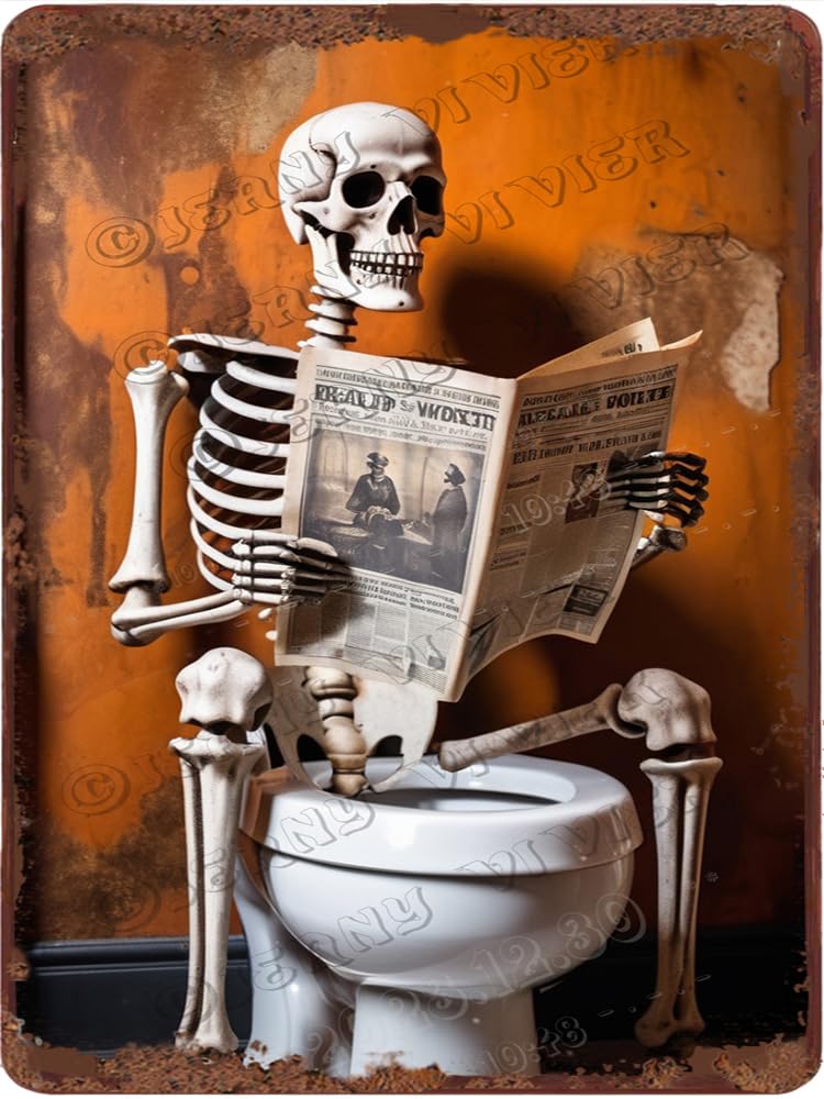 Pibonto Funny Sign 3 Vintage Skull Metal Wall Art Retro Skeleton Reading Newspaper On The Toilet Tin Sign Happy Halloween Picture Art For Home Bathroom Man Cave Cafes Club Pub Decor 12"X8"