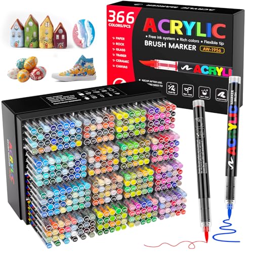Patamiyar 366 Farben Acrylstifte für Steine Wasserfest Acrylstifte Marker Set 1-5 mm Pinselspitze Acrylic Pens Set für Steine Bemalen Stoff Glas Keramik Leinwand Papier Holz Metall Deko