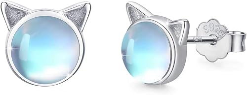 Aretes de gato con piedra lunar, aretes de plata de ley 925 con lindo gato de piedra luna, aretes de tuerca con diseño de gato de animales, joyería