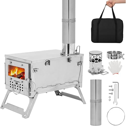 Stainless Steel Portable Folding Wood Burning Stove – Ultralight Camping Stove Portable Wood Burning Stove for Tent, 16.6 IN Outdoor Wood Stove with 8.2ft Foldable Chimney