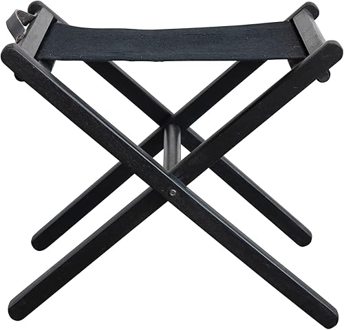 Creative Co-Op Mango de cuero plegable de madera y lino, taburete negro