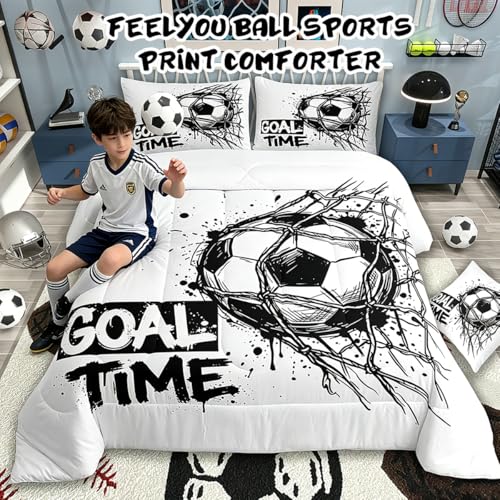 Image of Feelyou Soccer Comforter Set All Season Football Sports Bedding Set with 2 Pillow Cases Soccer Ball Game Microfiber Kids Queen Bedclothes Bedroom Decor Duvet Quilt Breathable Soft Lightweight