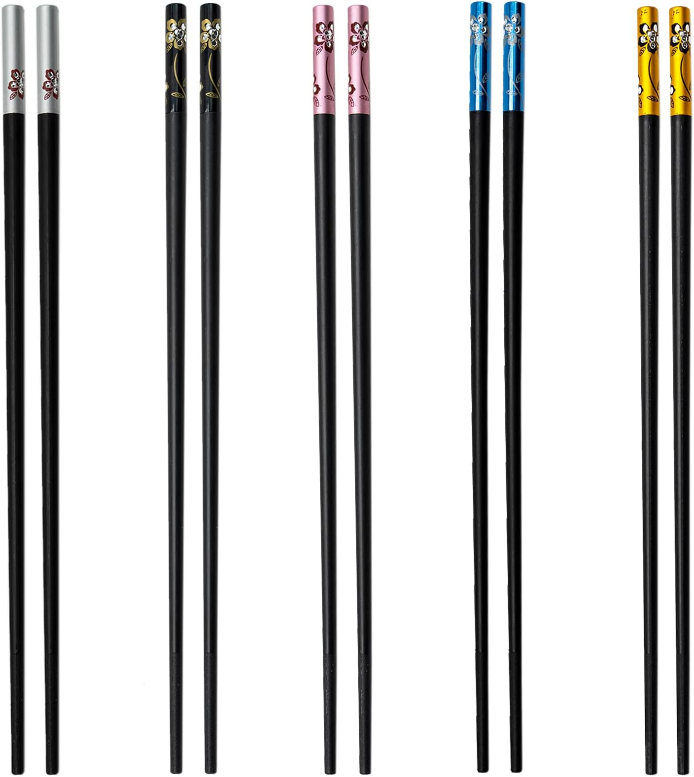 SZXMDKH Fiberglass Chopsticks, 5 Pairs Non Slip Reusable Chopstick Set for Sushi Noodles Rice, Gold Black Pink Blue Silver, Dishwasher Safe