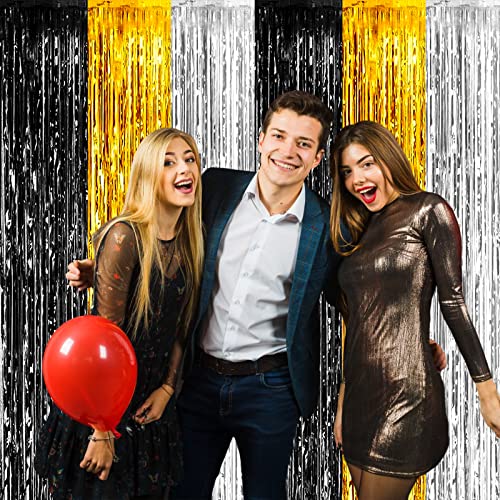Image of 4 Pack Black Gold Silver Foil Fringe Curtain Backdrop, 3.28Ft x 8.2Ft Metallic Tinsel Foil Fringe Streamers for Photo Booth, Wedding, Notorious One Birthday Roaring 20s Graduation Party Decoration