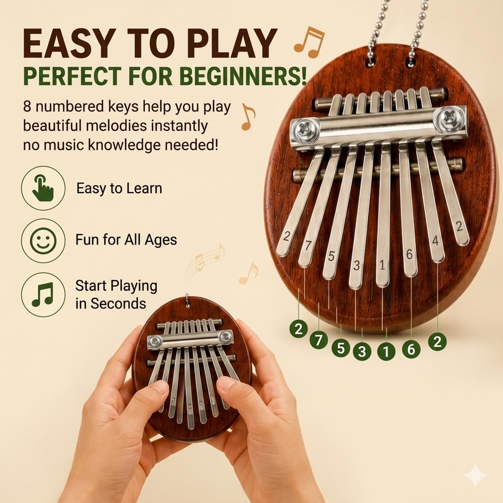 Mini Kalimba Thumb Piano 8 Key Solid Wood Finger Piano with Lanyard Portable Musical Instrument for Beginners Kids Adults Stress Relief, Gift for Special Occasions Waterdrop Design 3