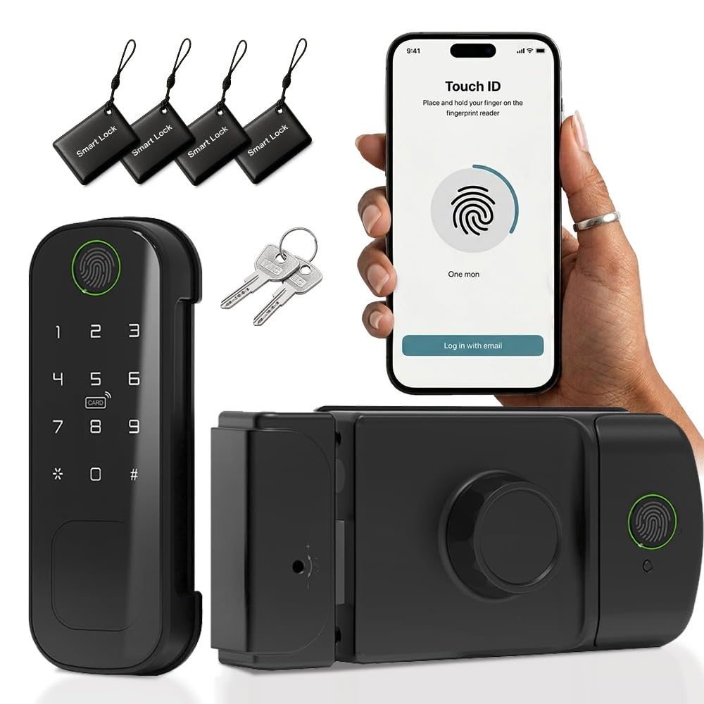 smart latch double side gate lock, keyless fingerprint rim lock with keypad, password & ic card - alexa - waterproof electronic digital door deadbolt for outdoor fence (dark black)