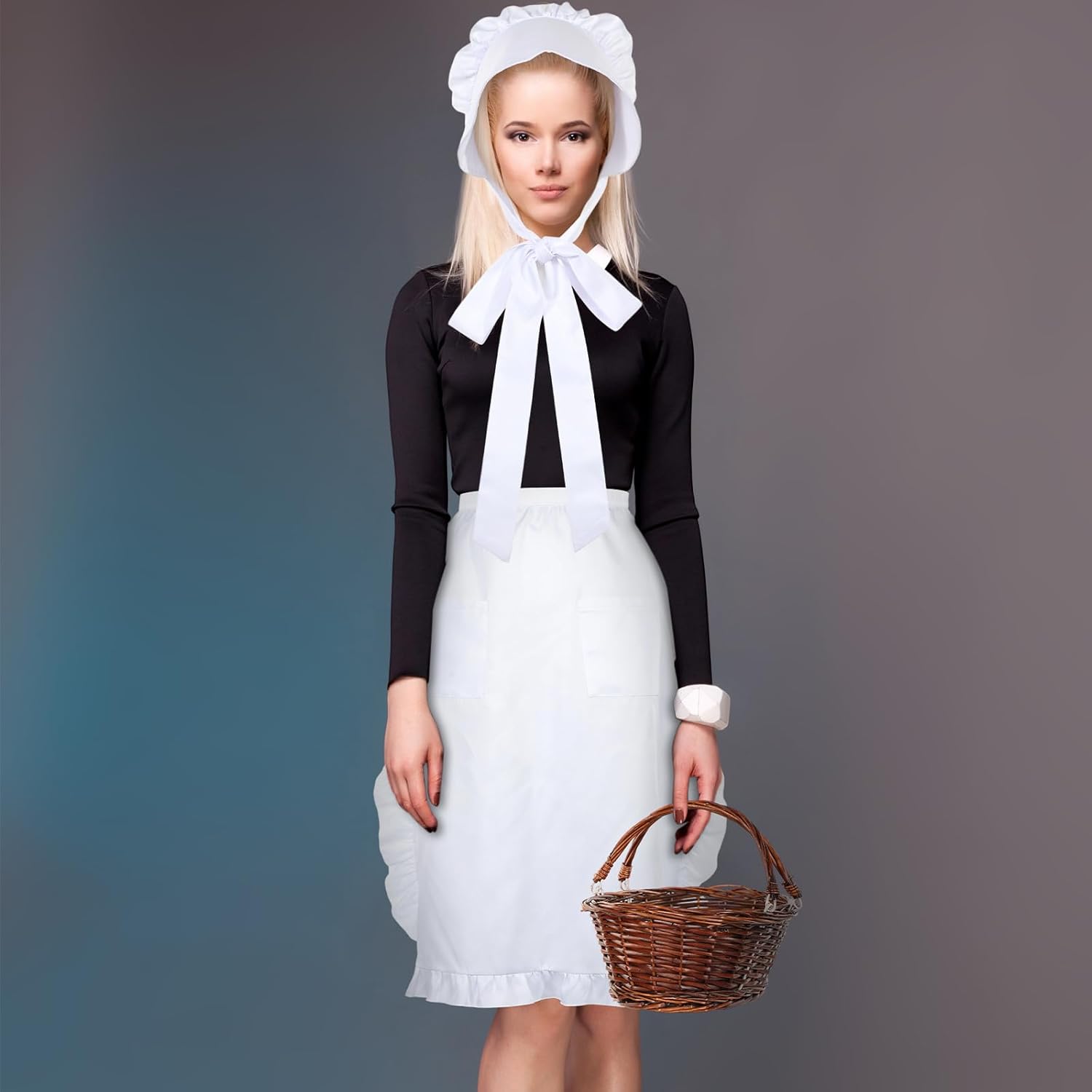 3 Pcs Halloween Colonial Costume Set Pilgrim Costume Accessory Include White Colonial Bonnet Half Apron Hand Basket Suitable for Halloween Role Playing Maid Cosplay