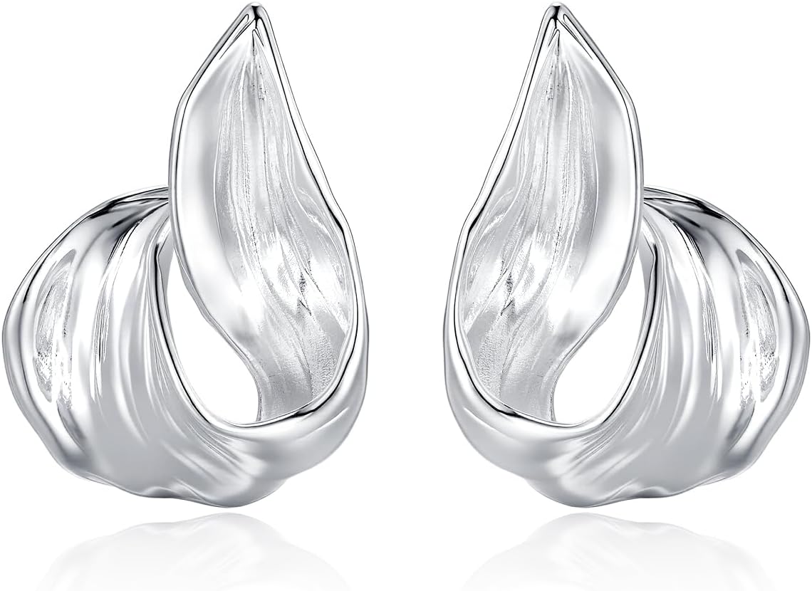 SNGIA Silver Plated White 18K Gold Plated Chunky Retro Knot Statement Earrings for Women by SNGIA, Geometric Handmade Trendy Stud Ribbed Textured Patterned Jewelry Gifts, Textured Minimalist Huggies Fashion Nickle Free Accessories.