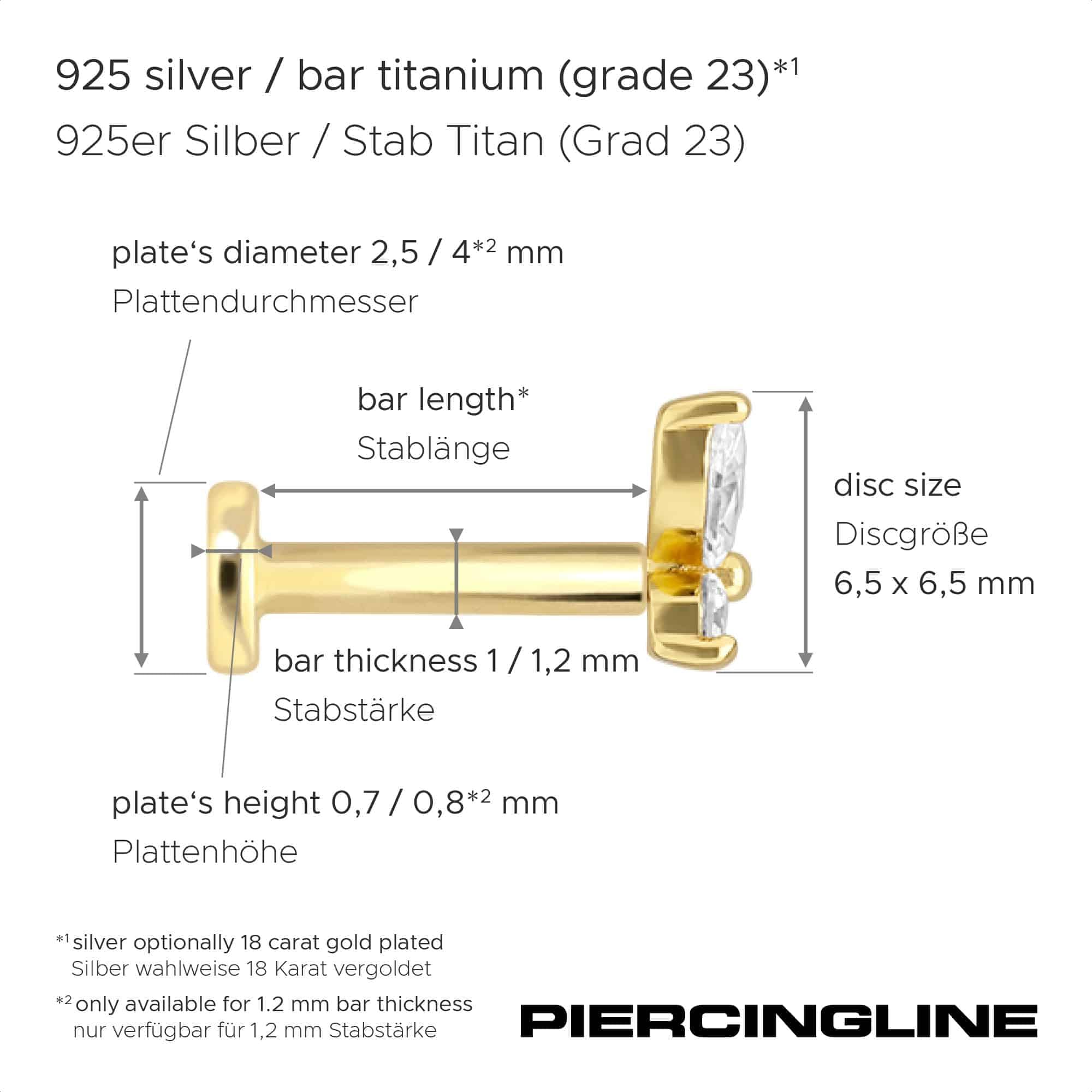 PIERCINGLINE Piercing Stecker Titan Labret mit Innengewinde + 925er Silber Aufsatz MOISSANIT-SCHMETTERLING - Goldfarben, Silberfarben