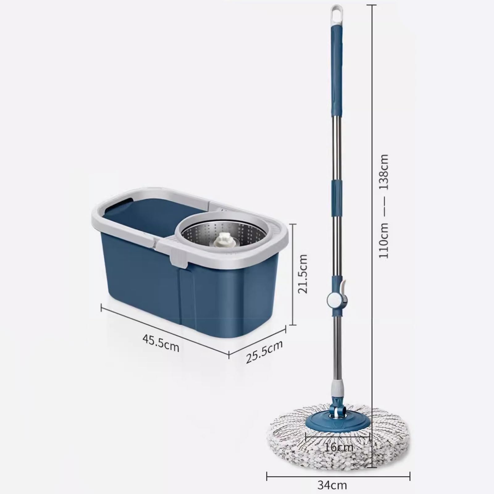 Este Juego de fregona giratoria y Cubo con escurridor Incluye 5 recambios de Microfibra y 2 Mangos Ajustables de Acero Inoxidable, Apto para la Limpieza de Suelos de Madera, laminados y Bald