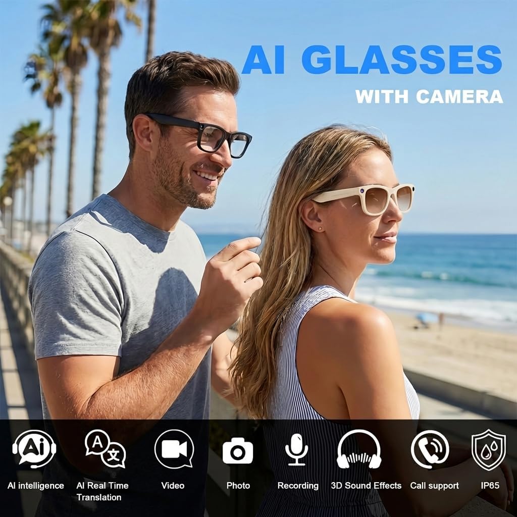 AI Smart Glasses with Camera, 8MP HD Camera Glasses, 1080P Video Recording Sunglasses, Real Time Translation, Voice Assistant, Open-Ear Audio for Travel, Meetings & Vlogging (Beige)