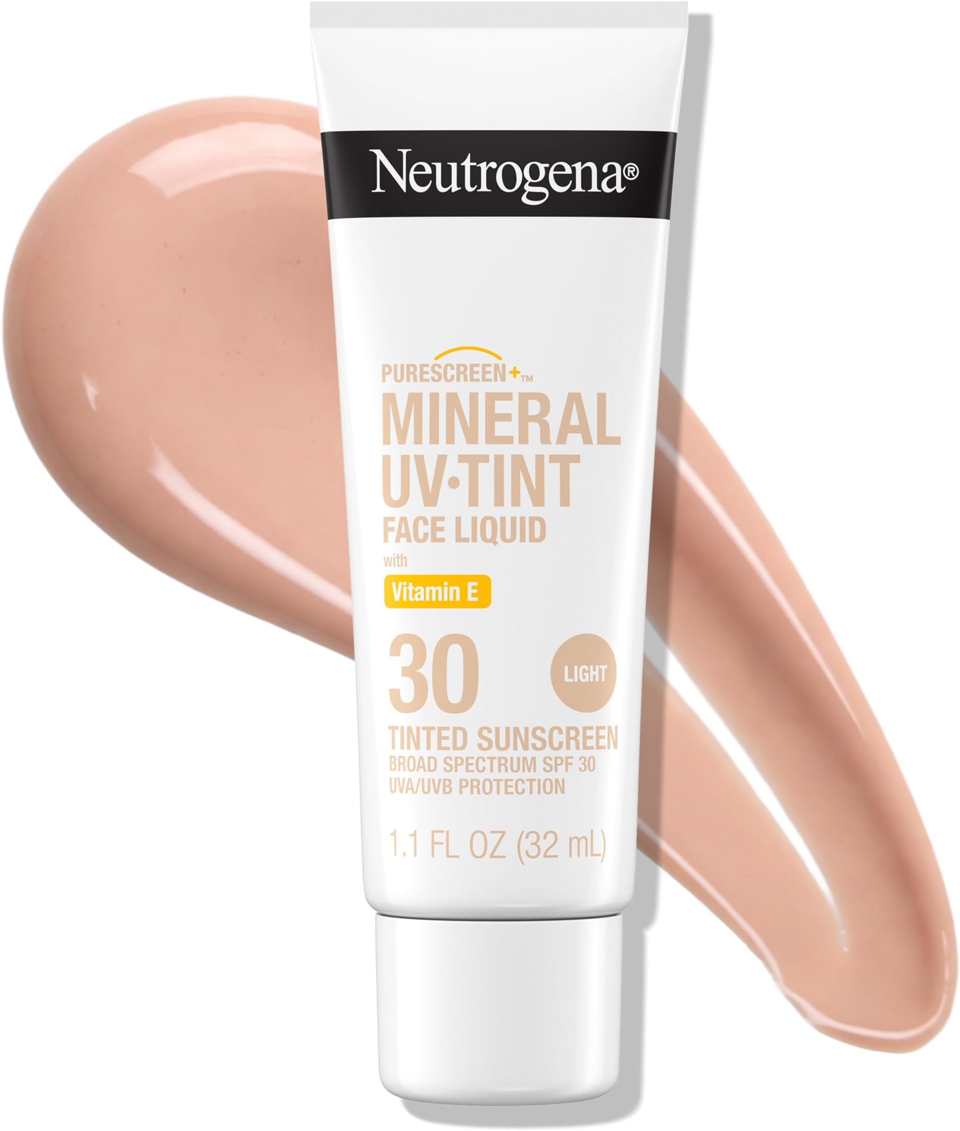 Purescreen+ Tinted Sunscreen for Face SPF 30, Broad Spectrum Mineral Sunscreen with Zinc Oxide & Vitamin E, Water Resistant, Fragrance Free, Light, 1.1 fl oz
