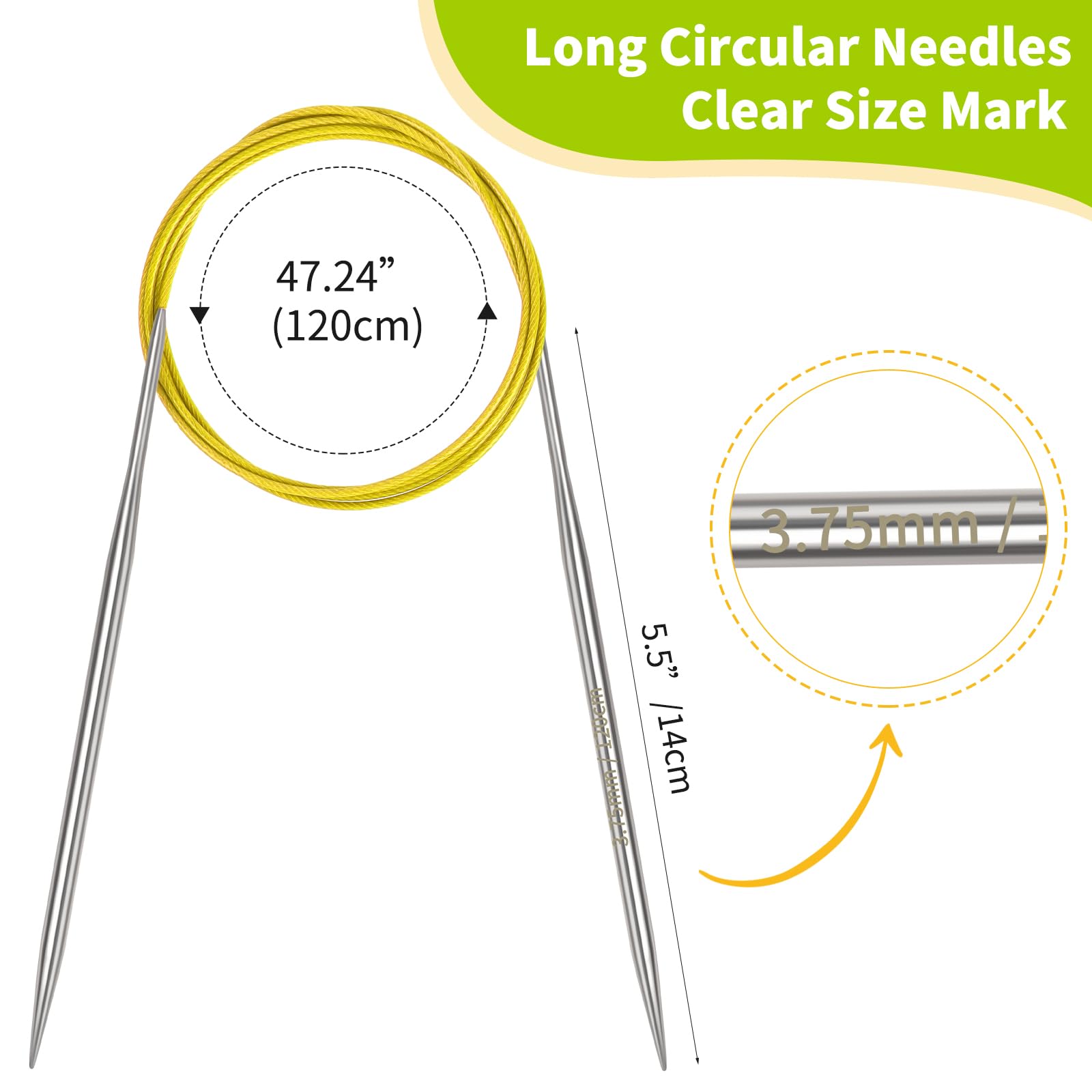 Coopay 3.75mm Circular Knitting Needles 120cm, Metal Circular Needles with Flexible Cable, Long Round Knitting Needles for Blankets Large Projects, Fixed Circle Knitting Pins for Arthritic Hands - Image 2