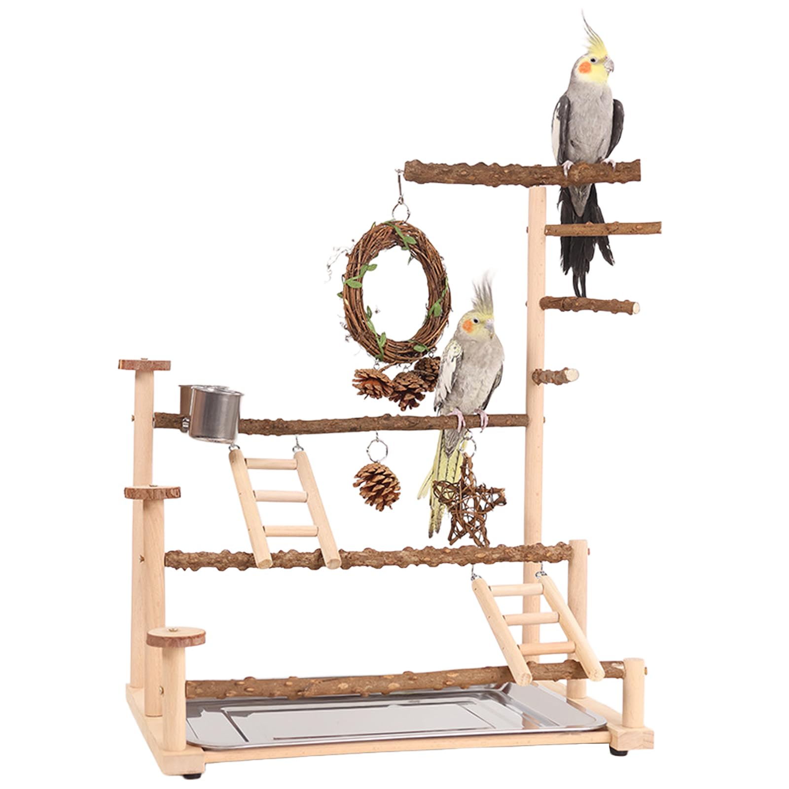 Jouets pour Perroquets et Perruches, Perchoir à Oiseaux, Accessoires pour Cage avec un Plateau, 2 Mangeoires, Échelles et des Balançoires, Grand Aire de Jeux pour Perruche Calopsitte Conure