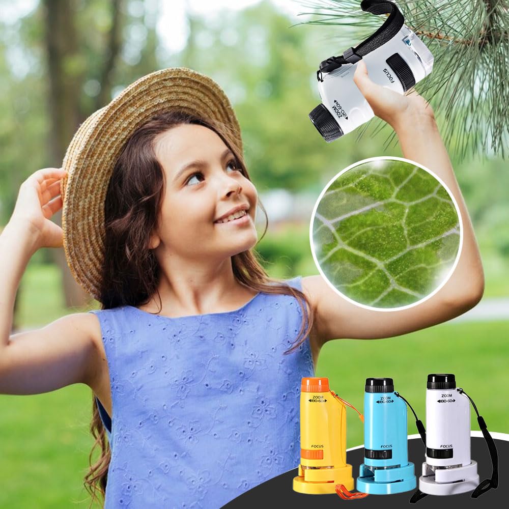 Microscope Enfant Portable avec LED (60-180x), 2026 Pocket Microscope Portable, Petitscope de Poche Enfant Partir de 3 Ans, Microscope, Etudiants, Adultes, Cours de Biologie Scolaire (Blanc)