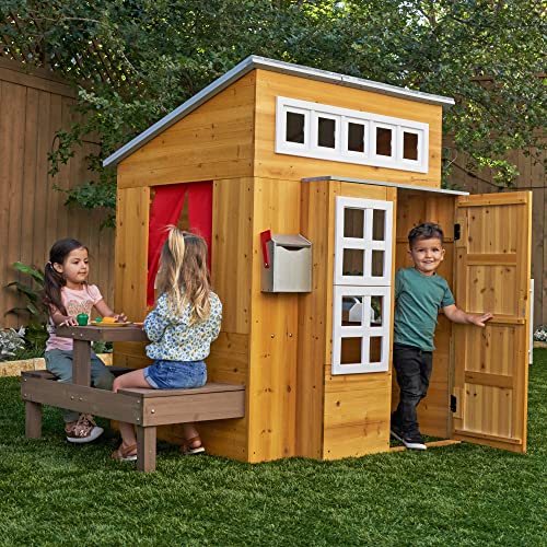 KidKraft Modern Outdoor Wooden Playhouse with Picnic Table, Mailbox and Outdoor Grill, Gift for Ages 3+