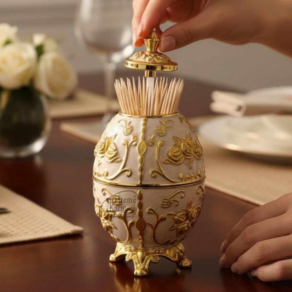 Luxury Decorative Toothpick Holder – Handmade Gold Enamel Fabergé-Style Dispenser | Dining Table Décor | Unique Gift-image-15