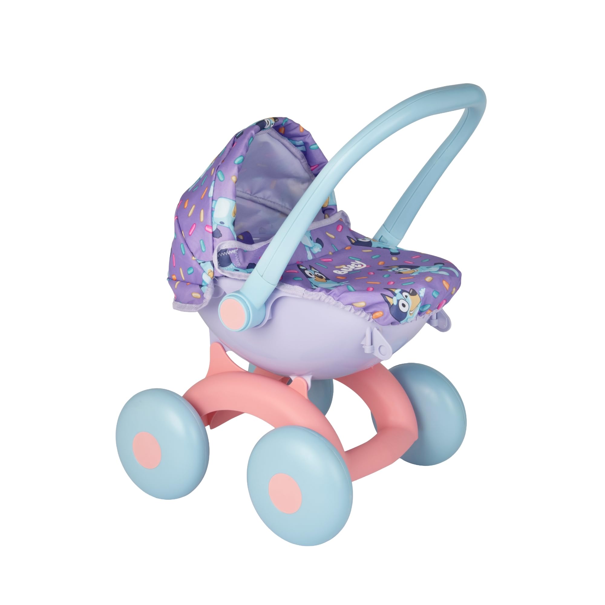Bluey 4-in-1 Dolls Pram Pushchair | Baby Doll Stroller with Adjustable Handle & 4 Play Modes – Carry Cot, Seat & Pushchair | Purple Jellybean Fabric | Toy Pram for Kids Ages 18M+