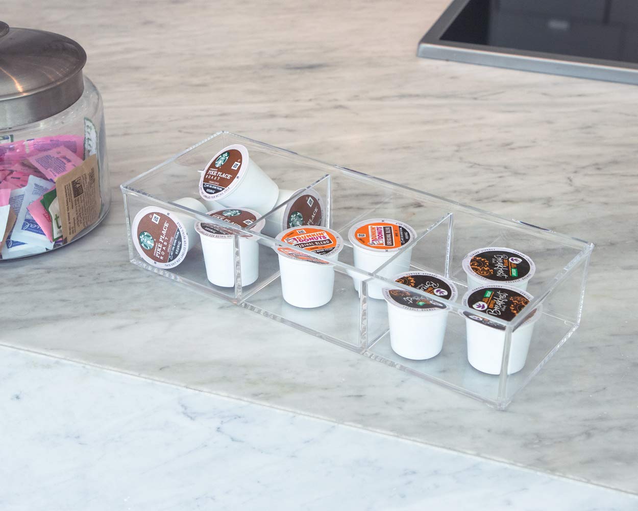 Organizador apilable de acrílico grande de 3 compartimentos (12.9 pulgadas de largo x 5 pulgadas de ancho x 2.7 pulgadas de alto), bandeja multiseccional y solución de almacenamiento para 7
