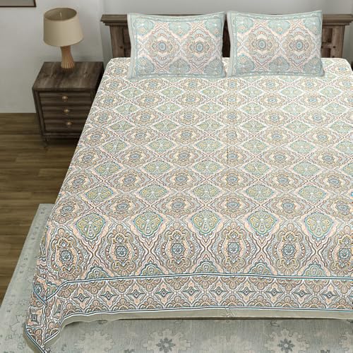 Image of Living Roots Jaipuri Hand Block Print Double Cotton Bedsheet & 2 Pillow Covers, for Mattress Upto 8 inches Thick, No Colour Bleeding, Green Colour, Super King Size 96 * 104 inches, 150TC (579-B)
