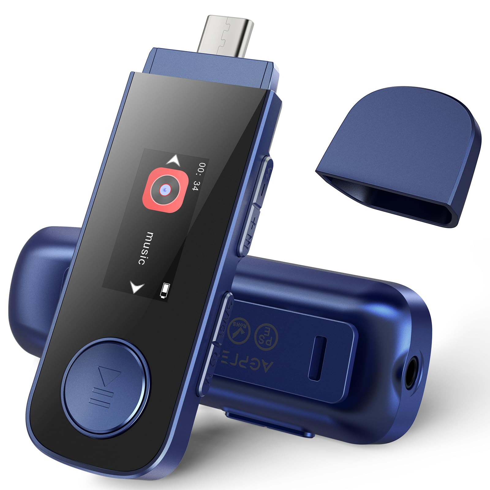 AGPTEK U5PL 64GB MP3 Player With Bluetooth & Type-C – Clip-On Music Player, FM Radio, Voice Recorder, 25-Hour Battery