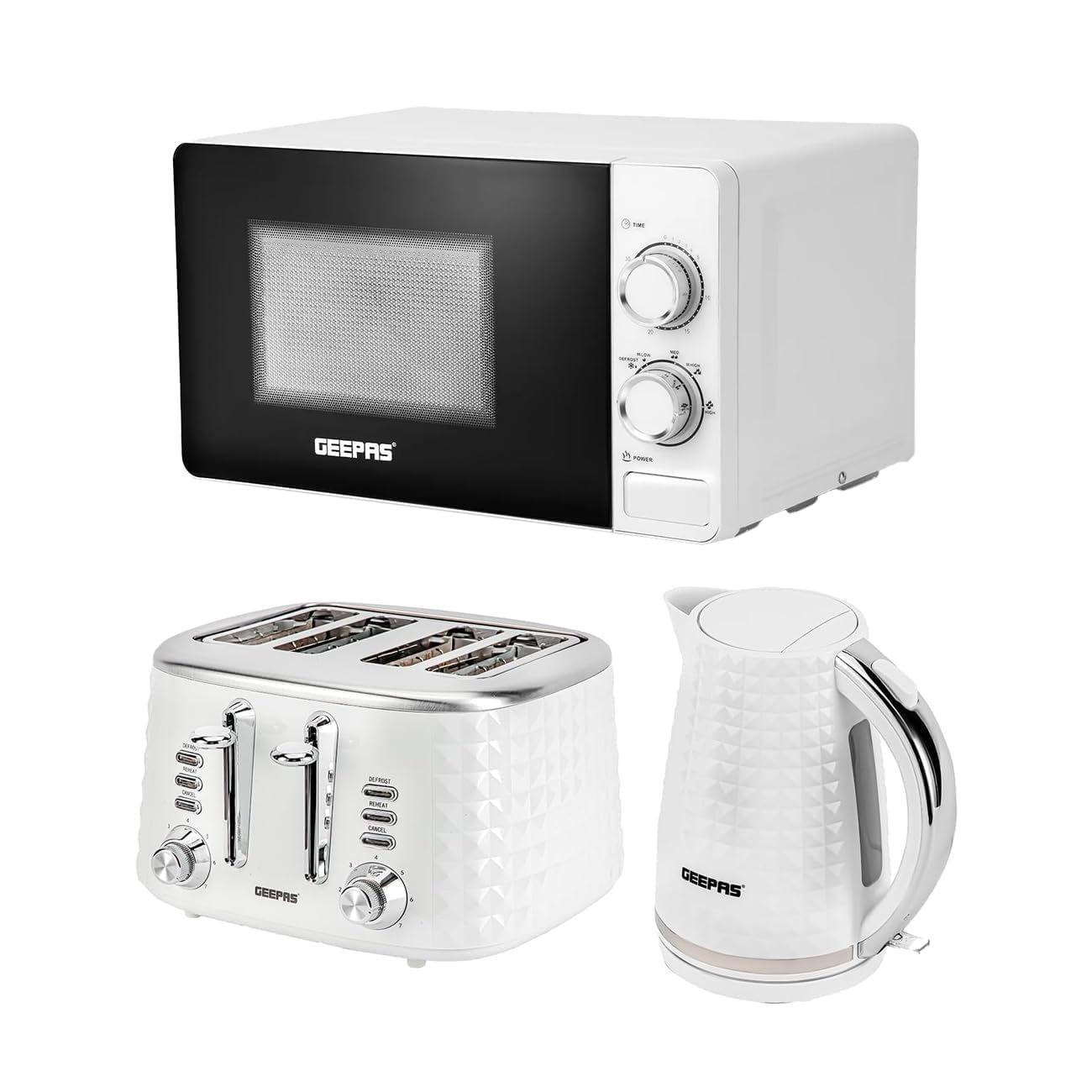 Geepas Electric Kettle 4 Slice Bread Toaster & Microwave Kitchen Set | 2200W 1.7L Textured Cordless Kettle | 1750W Toaster with 7 Level Browning Control | 700W Solo Manual Dial Microwave 20L | White