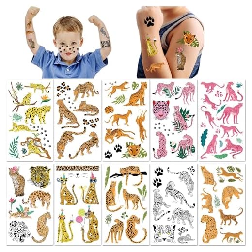 10 Blätter Wasserdichte Temporäre Tattoos für Kinder Niedliches Cartoon Leopard Tier Tattoo Aufkleber Gepard Falsche Tattoos Sicher und Einfach anzuwenden Lang anhaltend
