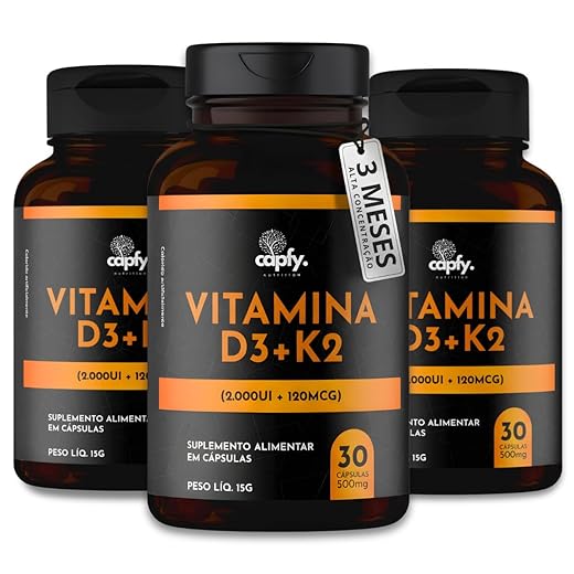 Kit 3x Vitamina D3 K2 mk7 Vitamina D (2000 ui) + K2 (120 mcg) Menaquinona Cápsulas Sinérgicas 500mg Suplemento Suporte Imunidade Saúde dos Ossos