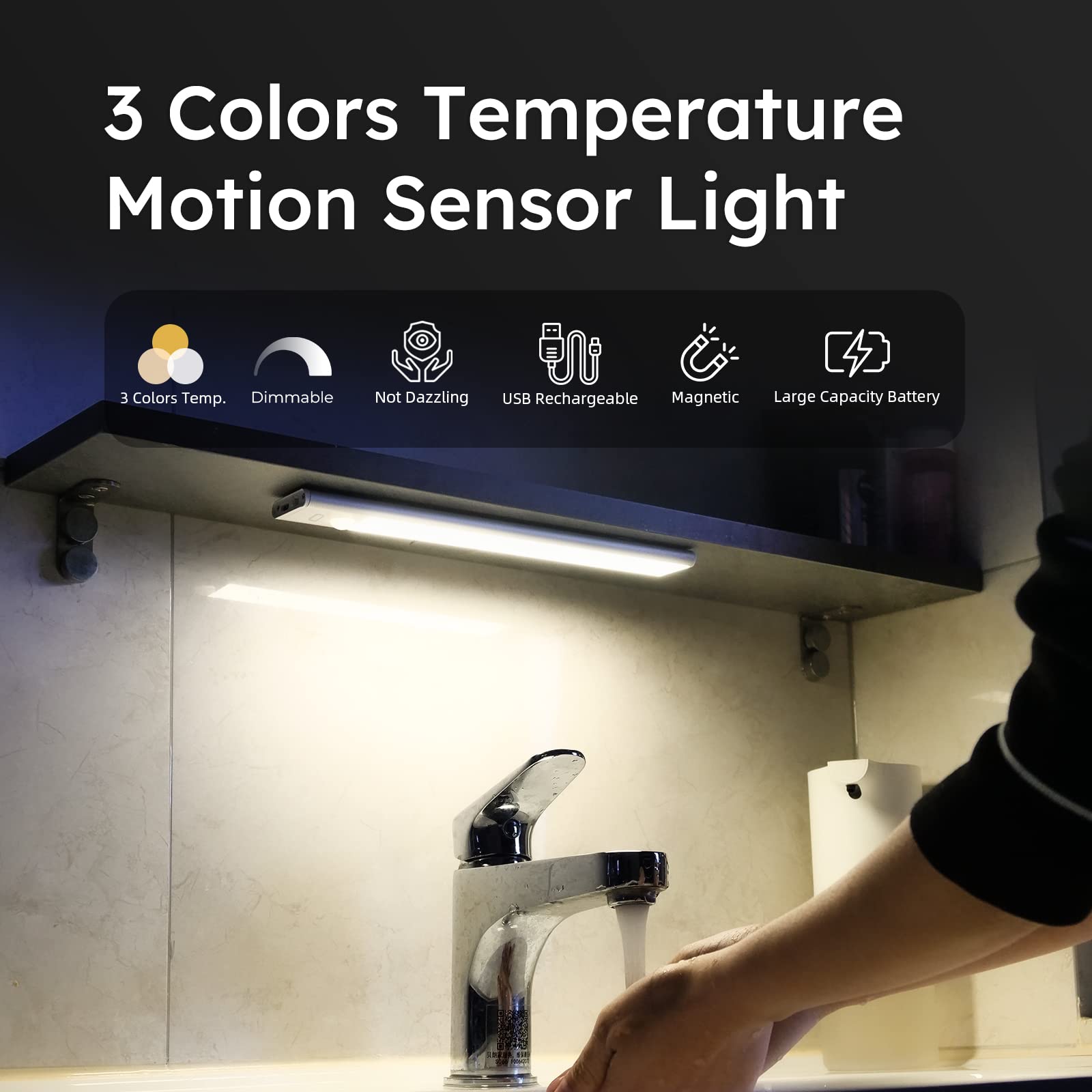 CHIGIH Under Cabinet Lights,88 LED Rechargeable 3 Color Temperature Closet Lights,1500mAH Battery Dimmable Wireless Motion Sensor Lights,Magnetic Strip Night Lights Bar (2 Packs)