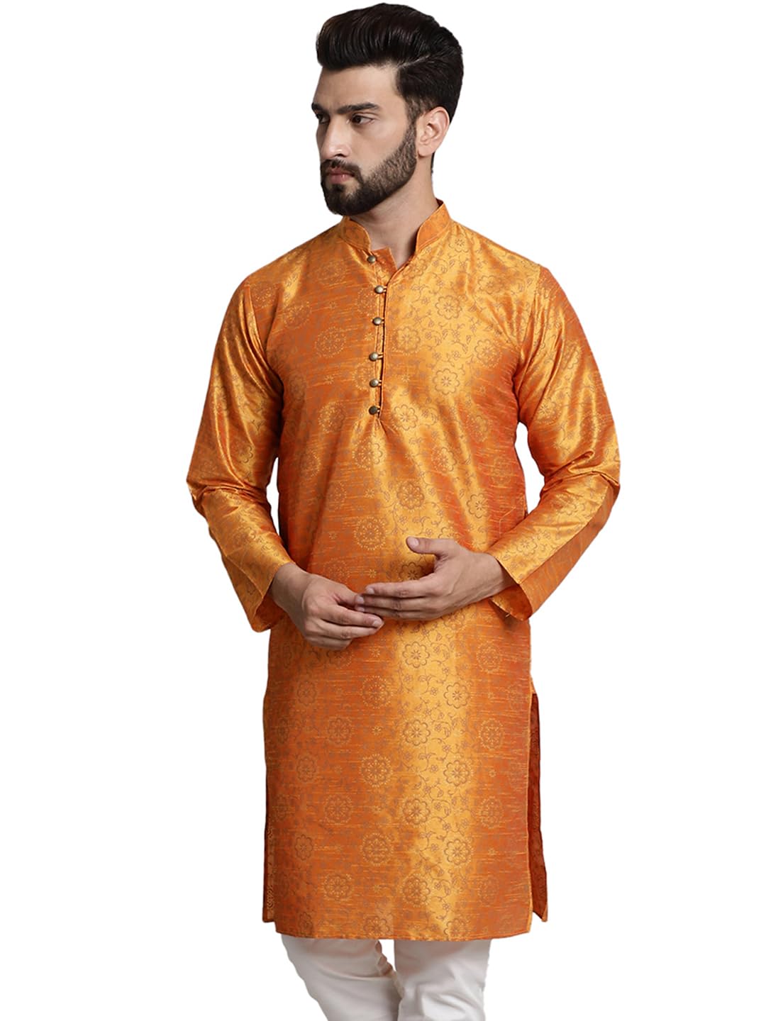 Sojanya (Since 1958 Men's Silk Blend Orange Color Print Design Only Long Kurta