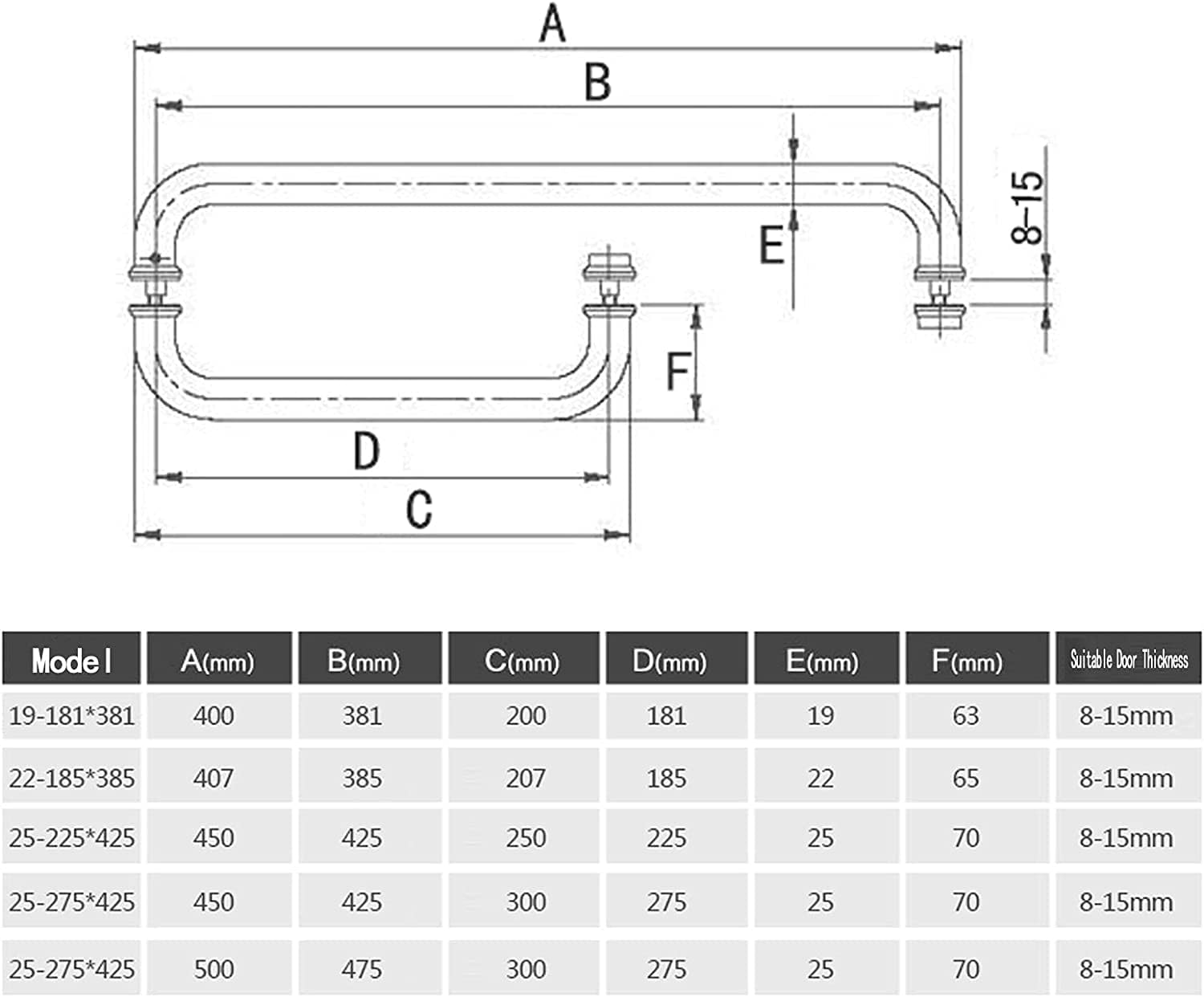 Modern Shower Door Handle Set - 2 Pack Stainless Steel Pull Push Knob | Stylish Towel Bar with 181mm Hole Distance for Interior Screen Doors (HoleDistance185mm*385mm)