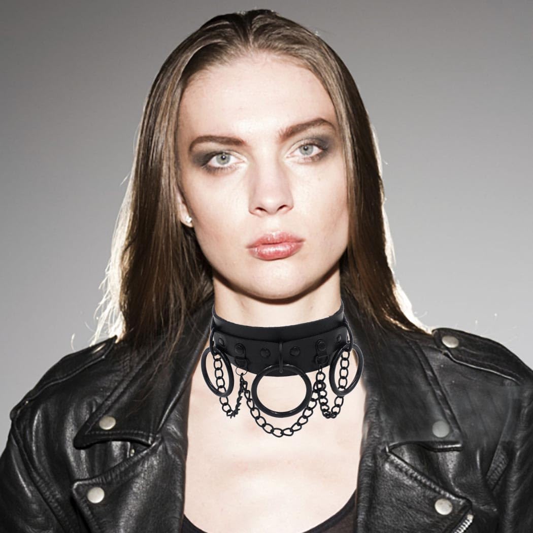 Gothic Leather Choker Punk Choker Collar Harness Necklace Big Rings Chain Chokers Rock Nightclub Rave Party Necklace for Women - Image 6