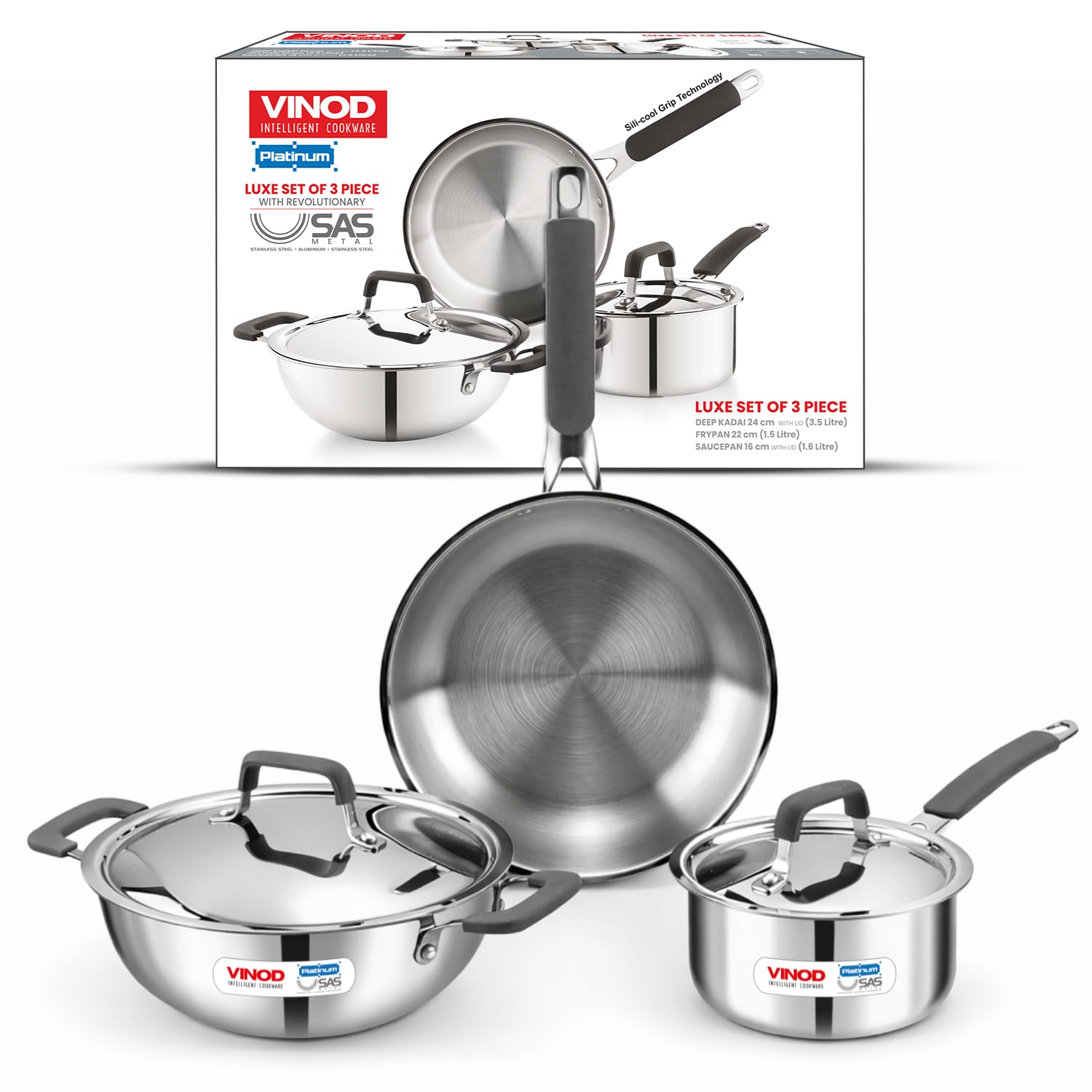Vinod Platinum Luxe Triply Stainless Steel Cookware Set, 5 Pc - Kadai with Lid (24 cm), Frypan (22 cm), Saucepan with Lid (16 cm) | Induction & Gas Friendly | Dishwasher Safe | Silver-picture-12