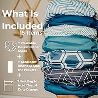 Vista 2 de Nora's Nursery Pañales de tela, paquete de 7 con 7 insertos y 1 bolsa para artículos húmedos, funda impermeable, lavable, reutilizable y pañales