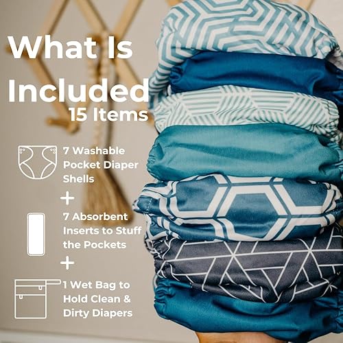 Miniatura 2 de Nora's Nursery Pañales de tela, paquete de 7 con 7 insertos y 1 bolsa para artículos húmedos, funda impermeable, lavable, reutilizable y pañales de