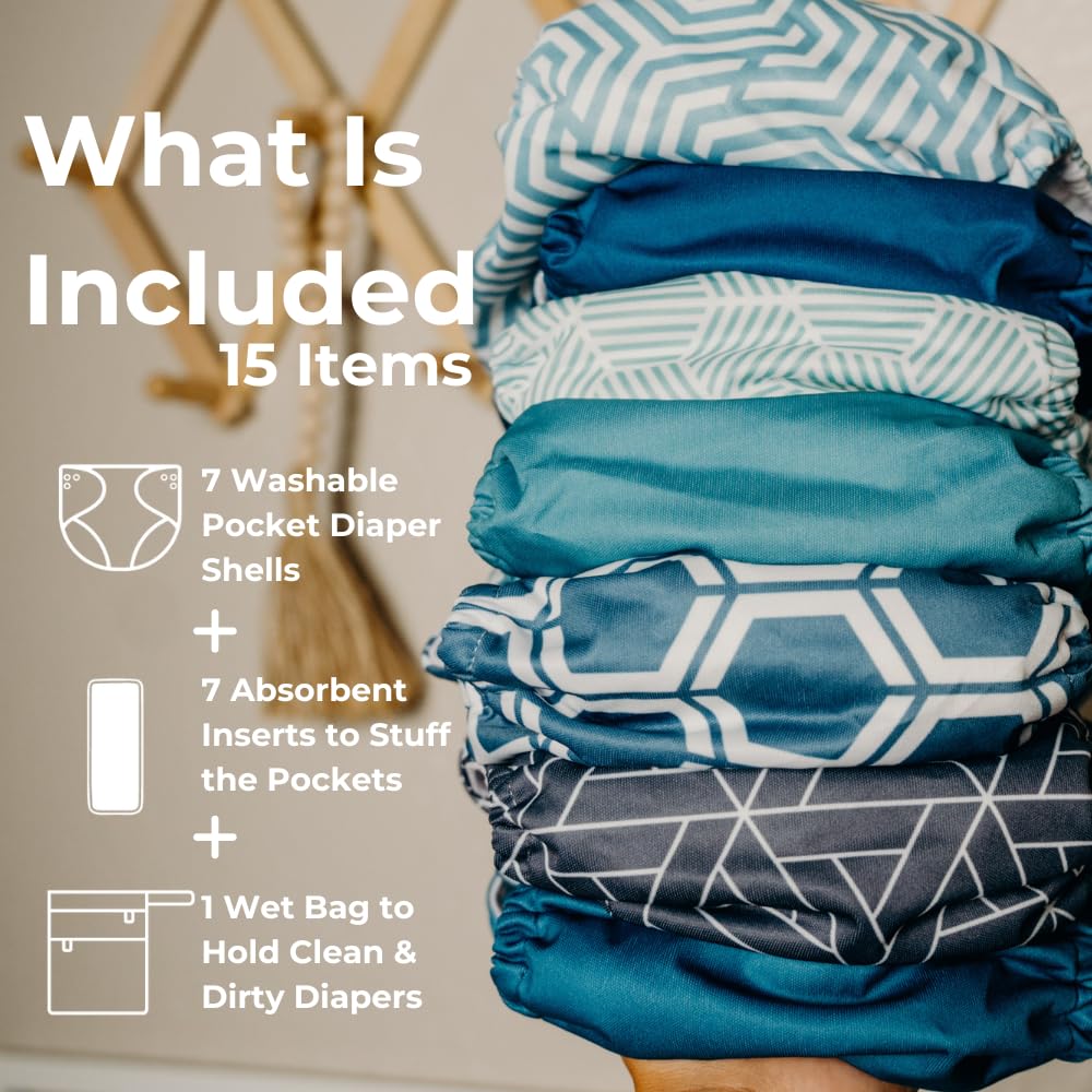 Nora's Nursery Paquete de 7 pañales de tela con 7 insertos y 1 bolsa húmeda, funda impermeable, lavables, reutilizables y pañales de bolsillo ajustables de talla única para recién nacidos y niños