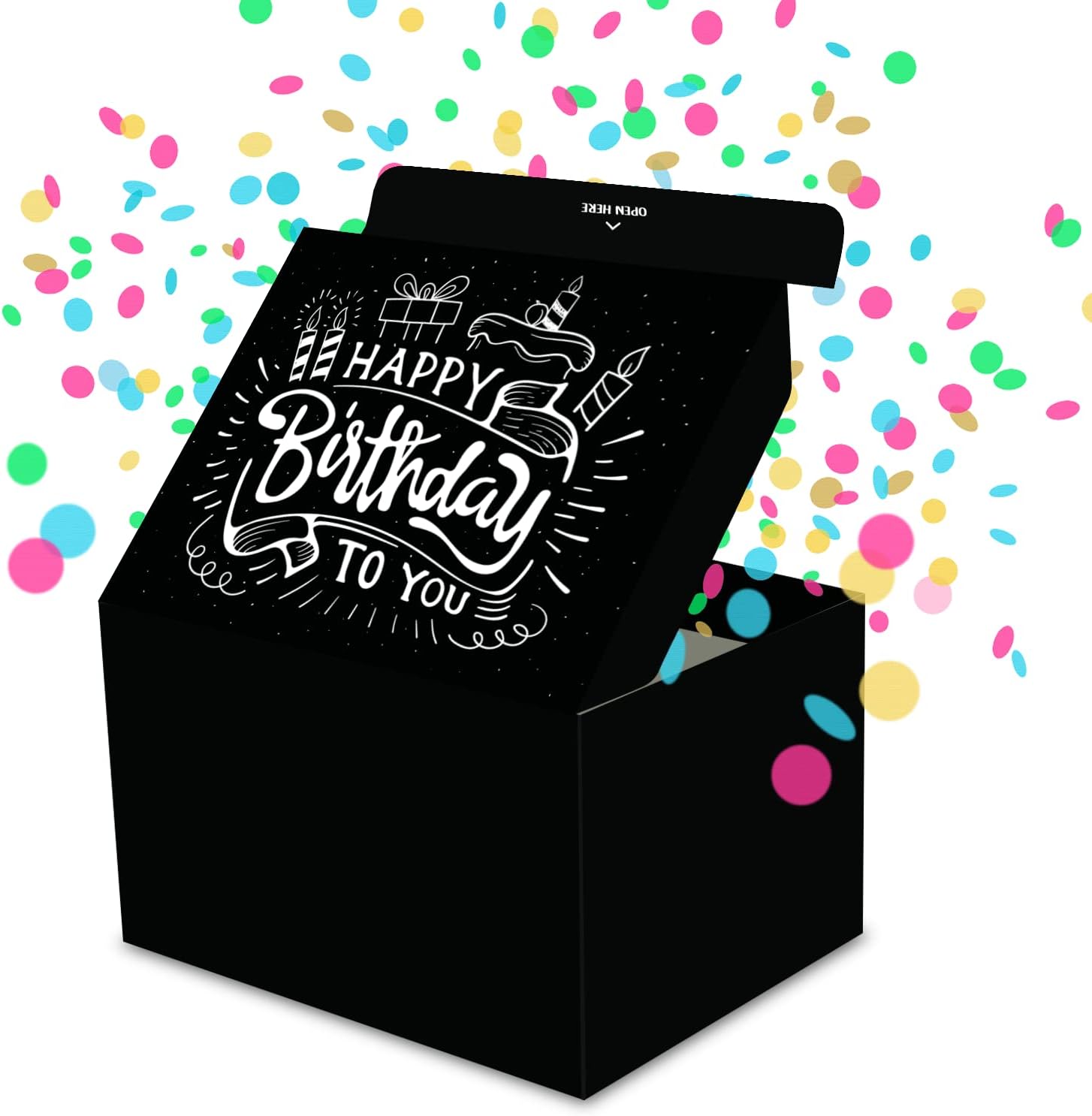 FETTIPOP Gift Box Surprise Exploding Confetti Kit (Black Premium) Happy Birthday, Prank Pop Up 7.2x5.5x4.3 in.