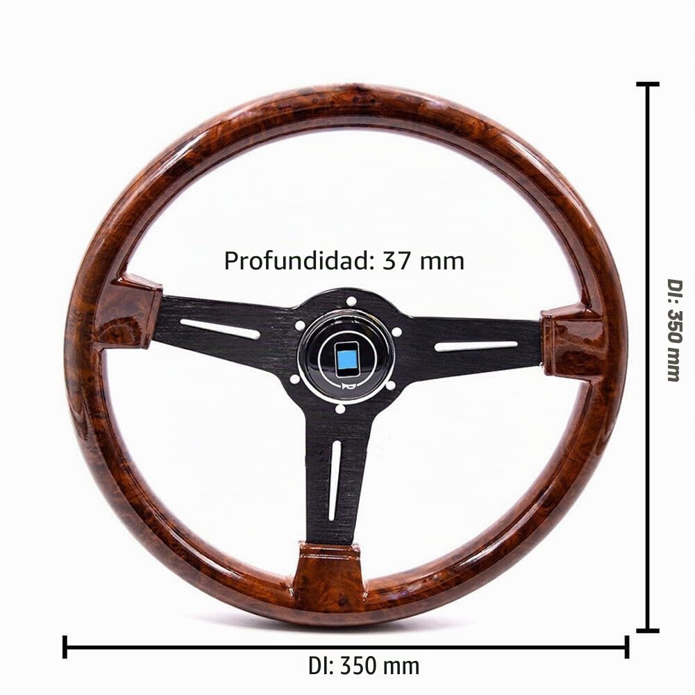 Surakey Volante retro de 14 pulgadas, volante clásico de 350 mm, volante vintage de madera con adaptador de cubo de volante de 6 agujeros, universal retroequipamiento vintage con kit de botón de