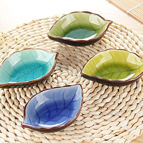 4 Pack Chinese Ceramic Soy Sauce Dish Set for Sushi Dipping, Cute Leaves Shaped
