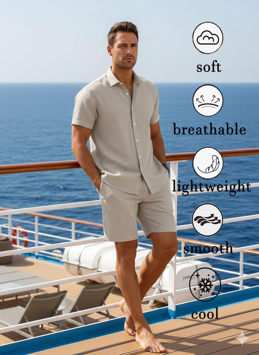 Summer Beach party hawaiian Outfits 2 Piece Short Sleeve Shirts and Shorts Vacation Texture Linen Sets for Men - Image 3