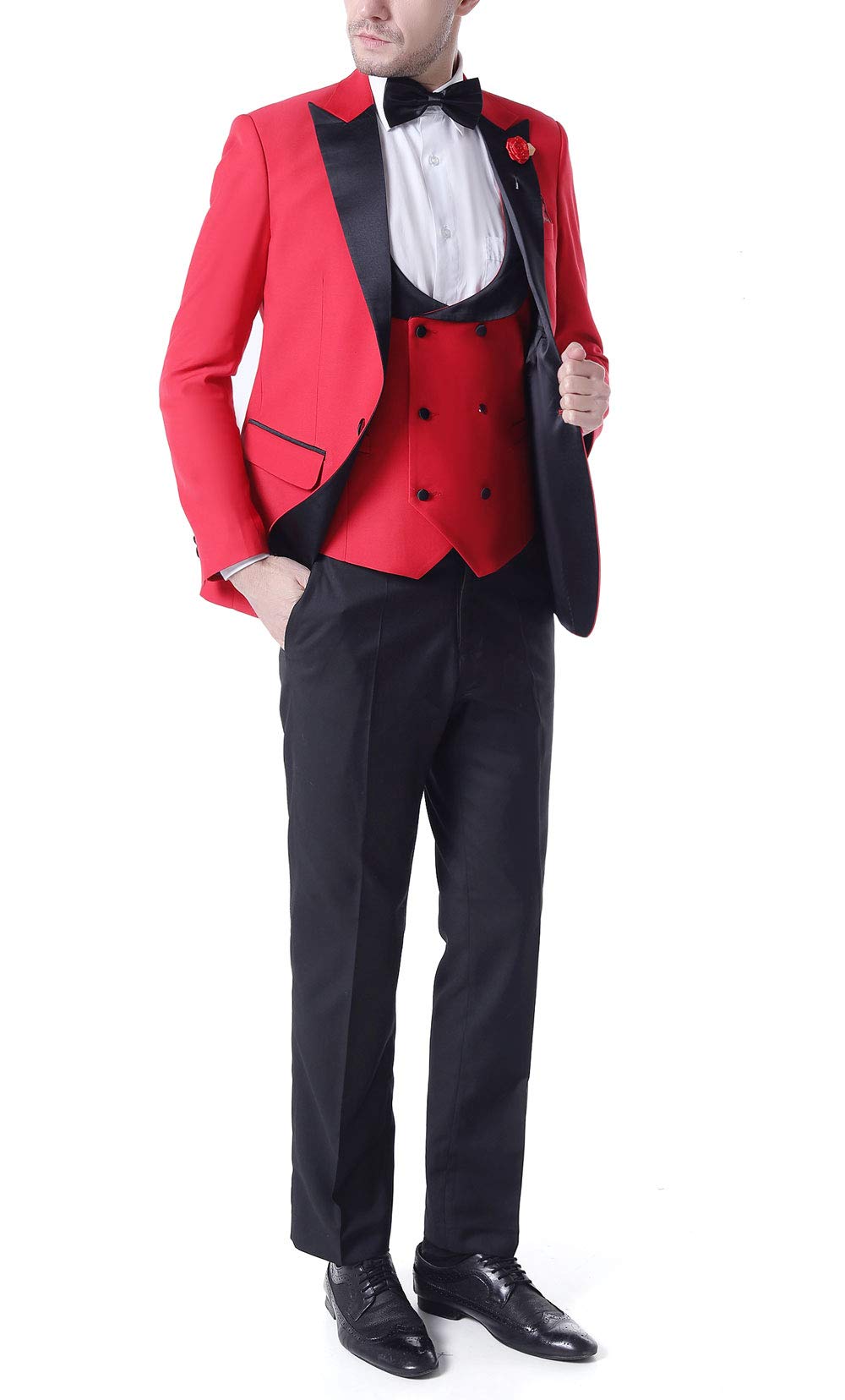 Men's 3 Pc Red Notch Lapel Wedding Suits Slim Fit Groom Tuxedos