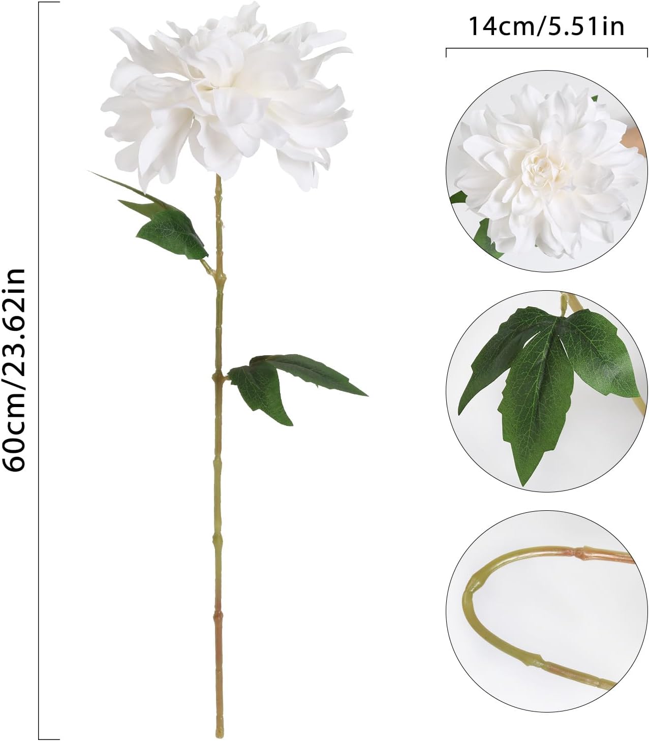 White Dahlia Artificial Flowers,6PCS Faux Dahlia Flowers 23.62" Fake Silk Flowers with Stems for Wedding Party Home Decorations(White) - Image 3