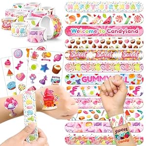 60 PCS Candyland Party Favors Set – 36 Temporary Tattoos & 24 Slap Bracelets for Kids, Perfect for Candyland Decorations, Baby Shower and Sweet-Themed Birthday Party Supplies
