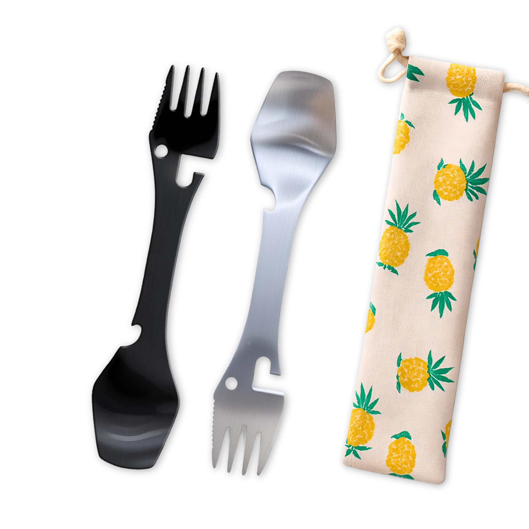 2pcs Spork 5-in-1 Multi-Tool - Stainless Steel Camping Cutlery (Black&Silver), Camping Spork with Travel Bag for Outdoor